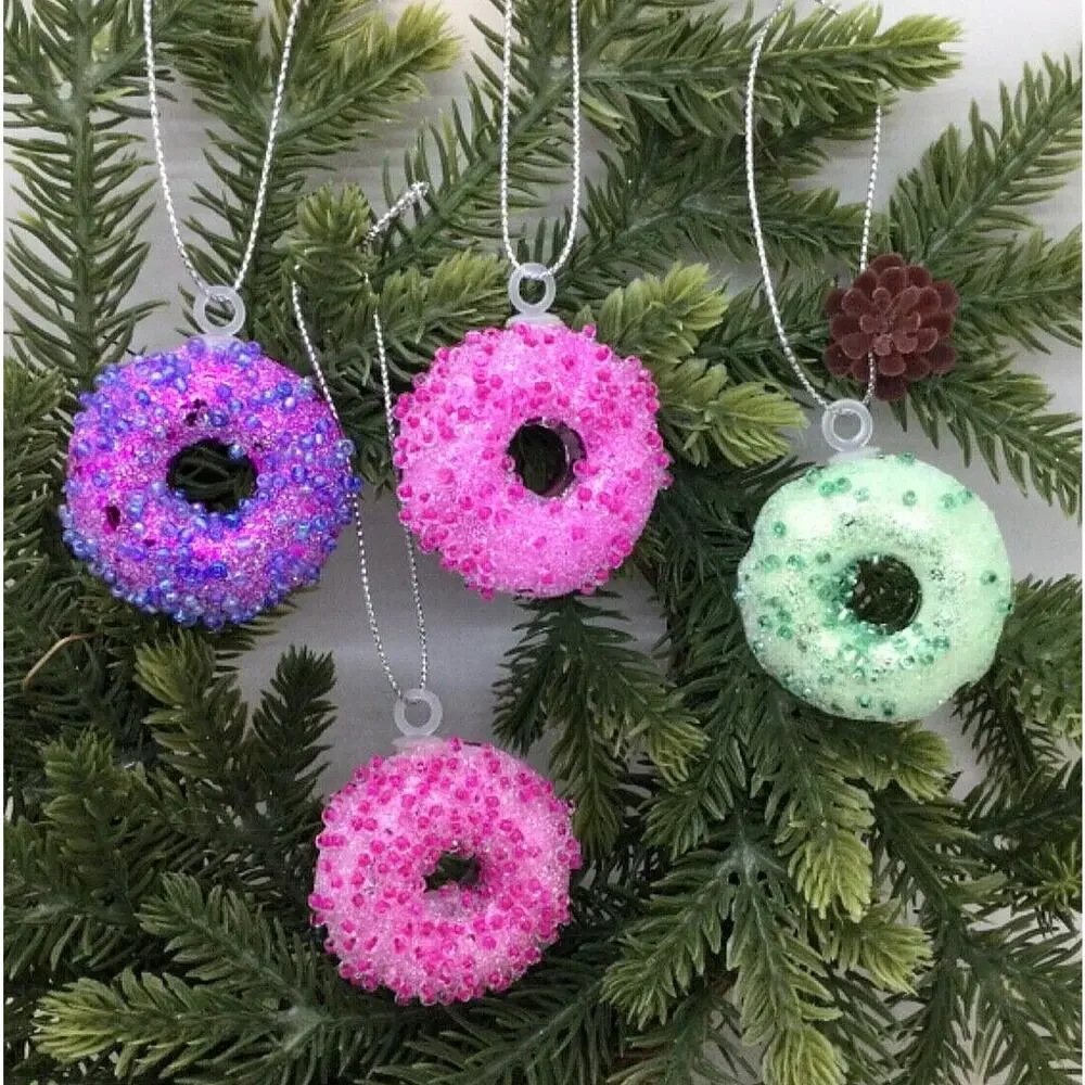 8 Donuts Mini Tree Christmas Ornaments-Pink Purple Green Food Sweet Treat Pastry